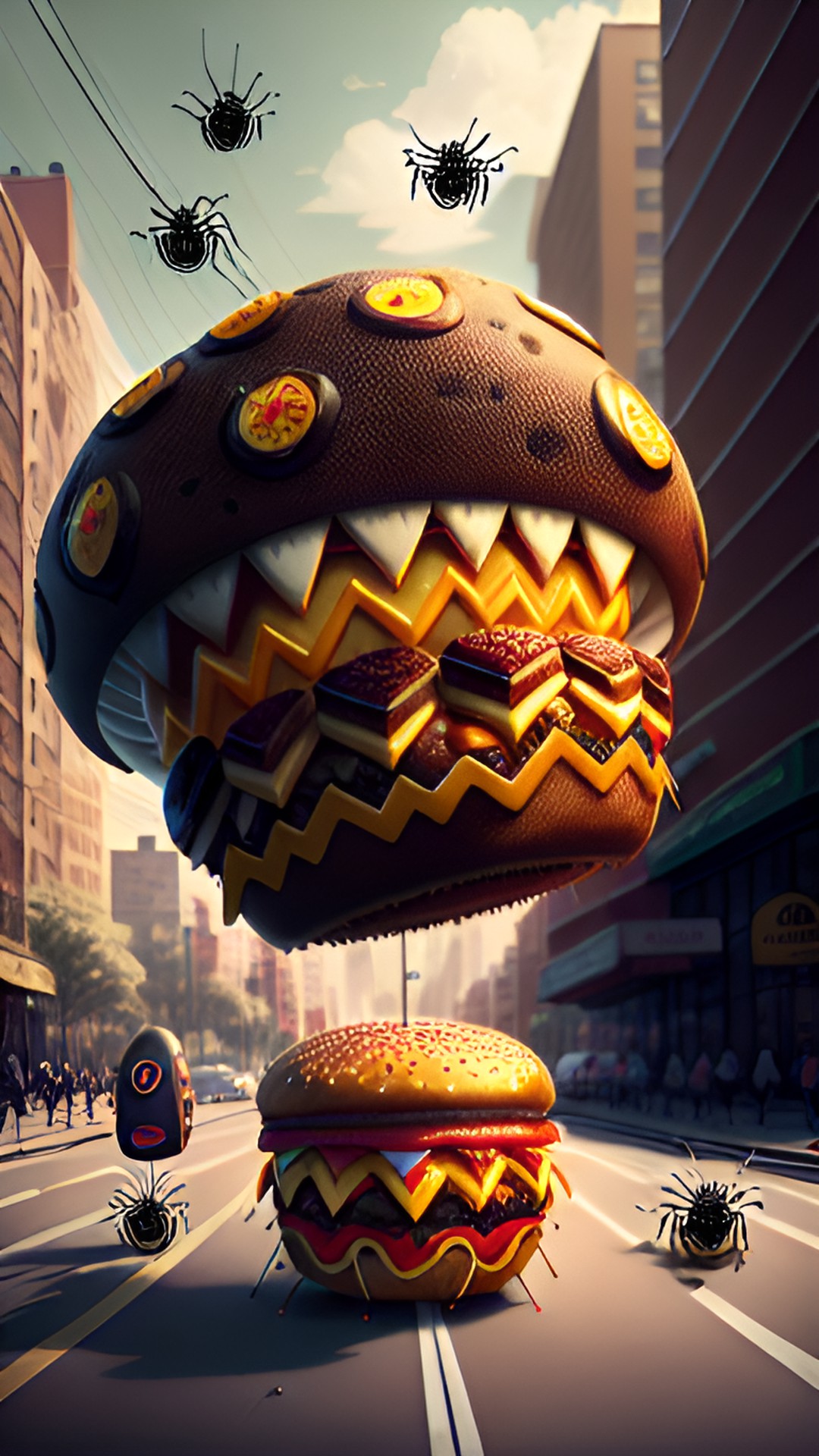 giant cheeseburger spiders running in the street  - giant cheeseburger spiders running through the street, with sesame seeds on their backs and tomato slices for eyes. it's a quirky scene that's sure preview