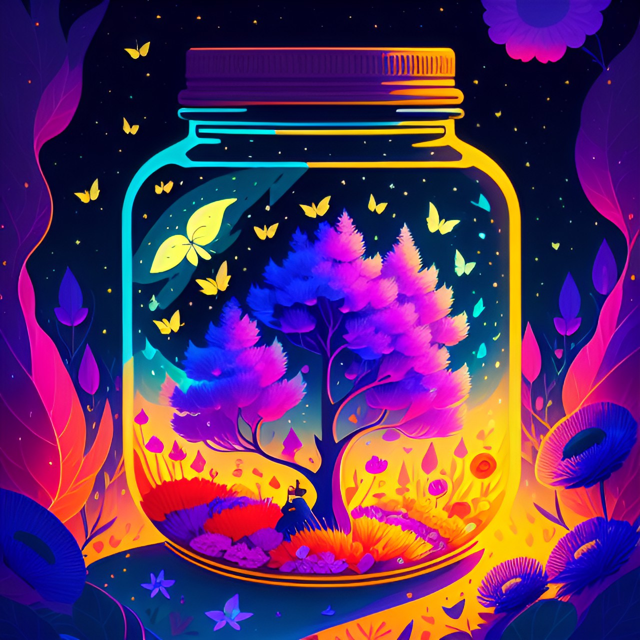 a jar full of dreams and flowers, in the magical light of fireflies, moths are spinning around preview