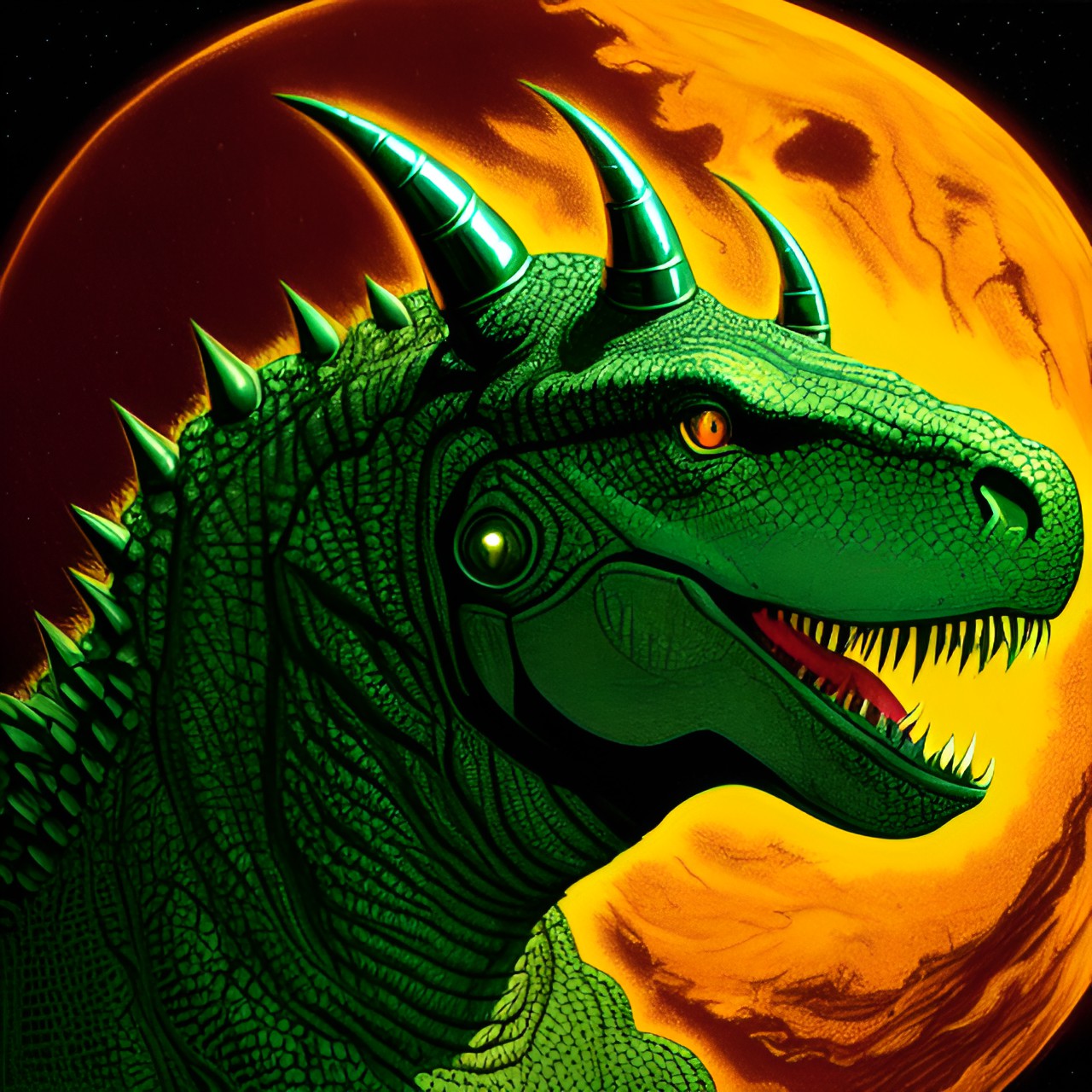 golden t-rex with shining green eyes carnotaurus head 2 horns side wiew preview