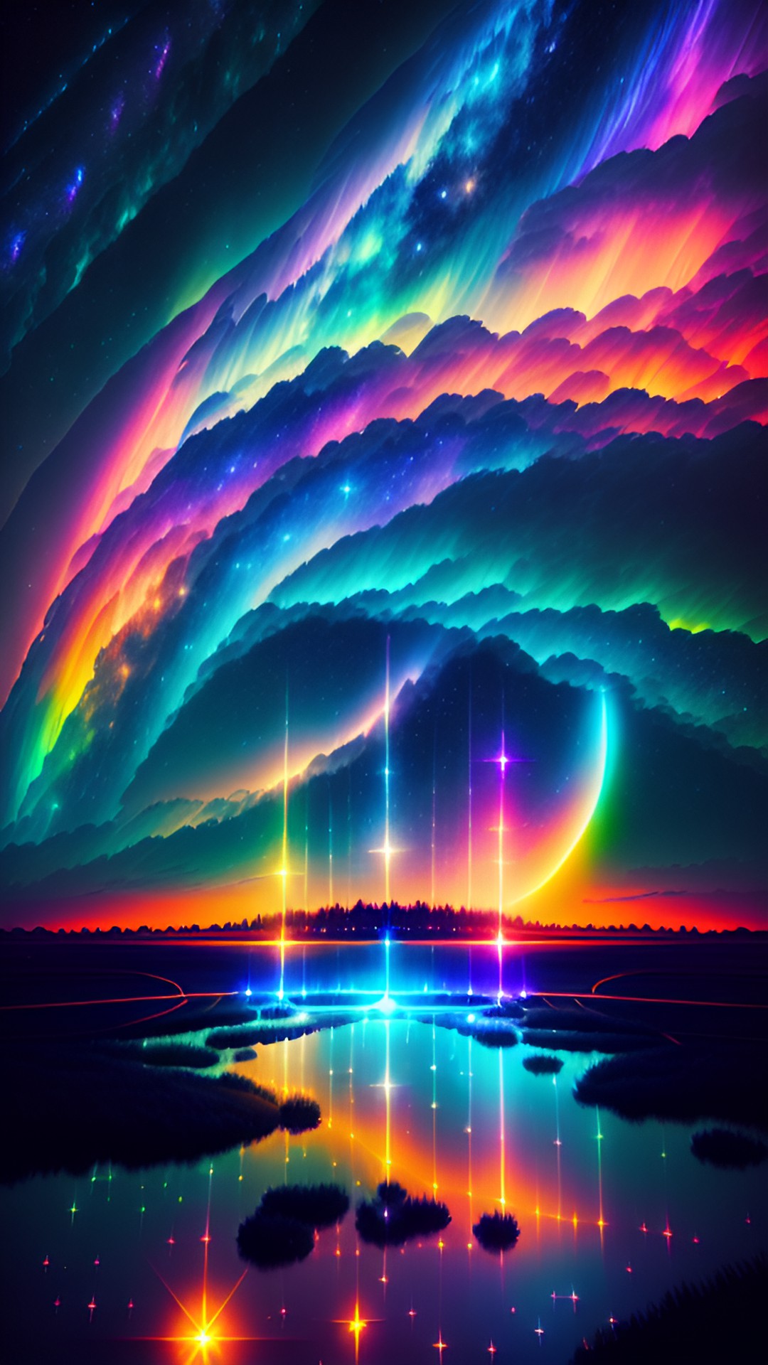 Angelic Luminous Sky - lots of angelic lights. luminous sky. sunset very low in the horizon. magical electronic dance music vibing scenery. galactic sky, star clouds, and a rainbow preview