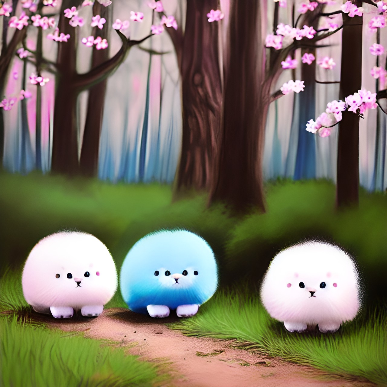 happy little fluff balls, pink and blue, hopping through the forest preview