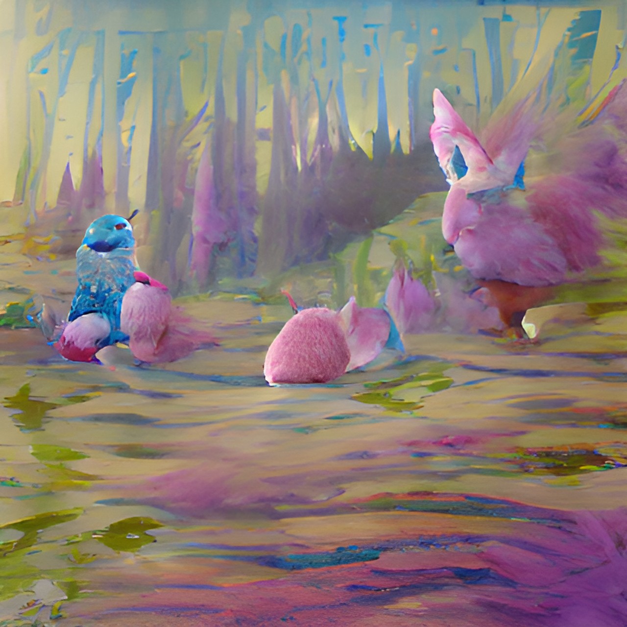 No style - happy little fluff balls, pink and blue, hopping through the forest preview