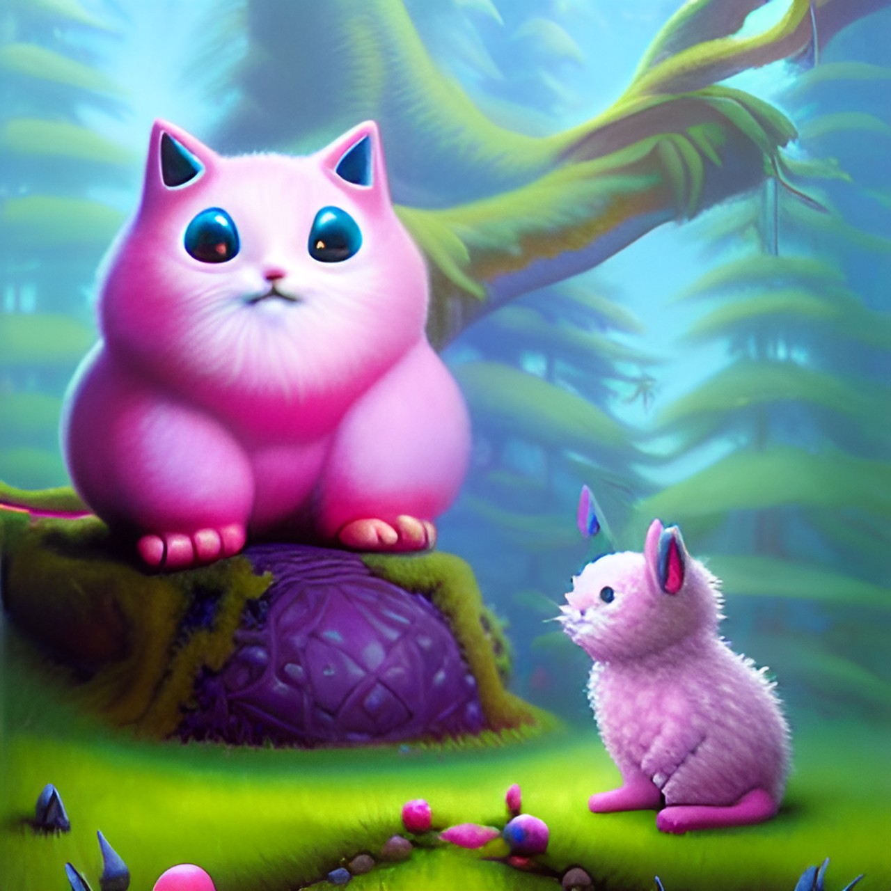 happy little fluff balls, pink and blue, hopping through the forest preview