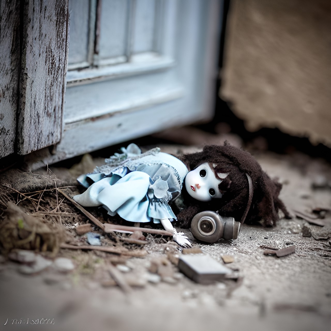 broken porcelain doll  abandoned in a dusty corner of a haunted house preview