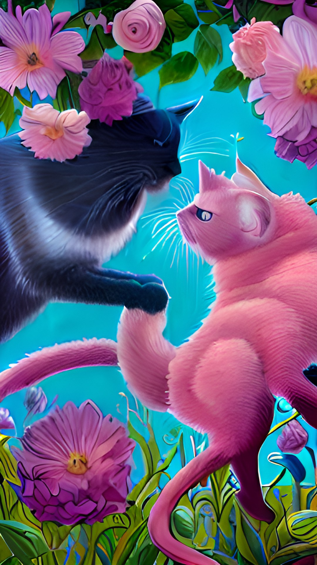 two cats in a pink garden preview