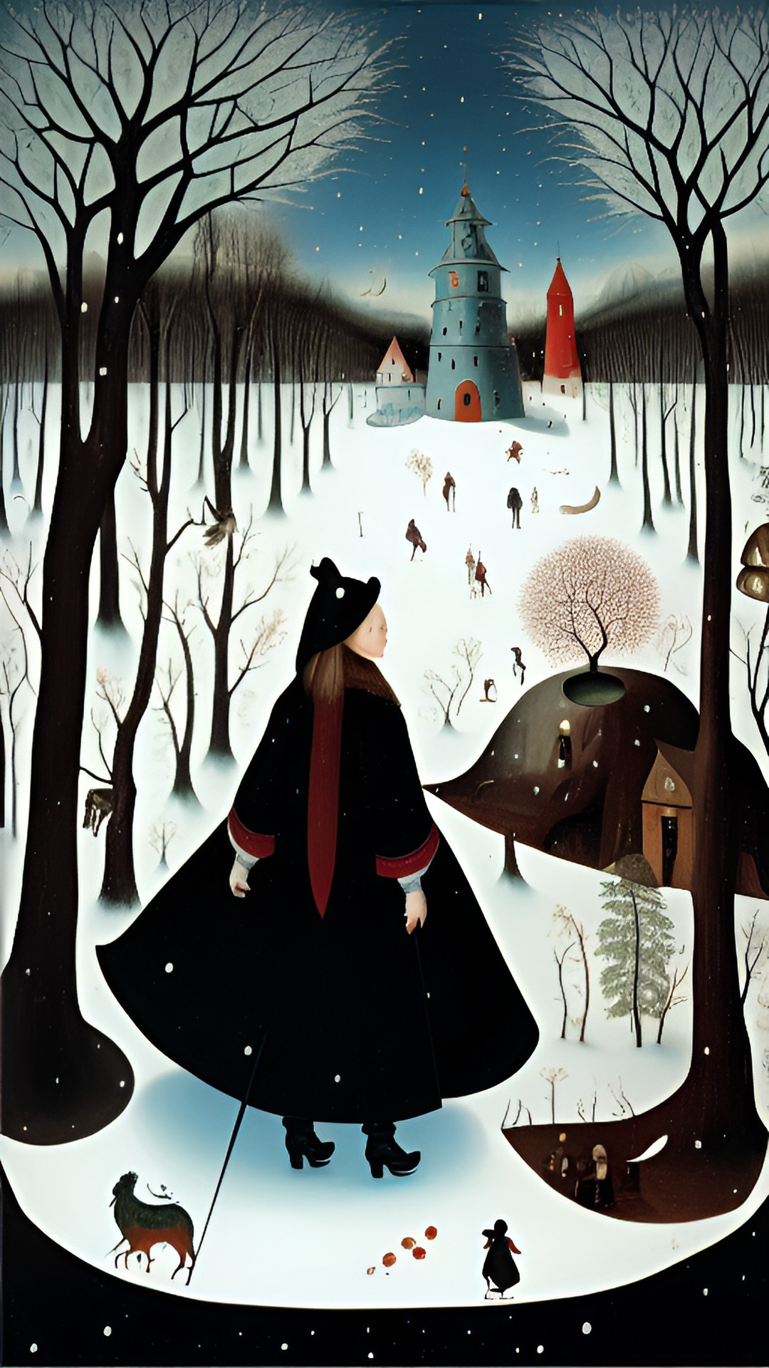 woman lost in the night snowy wood preview