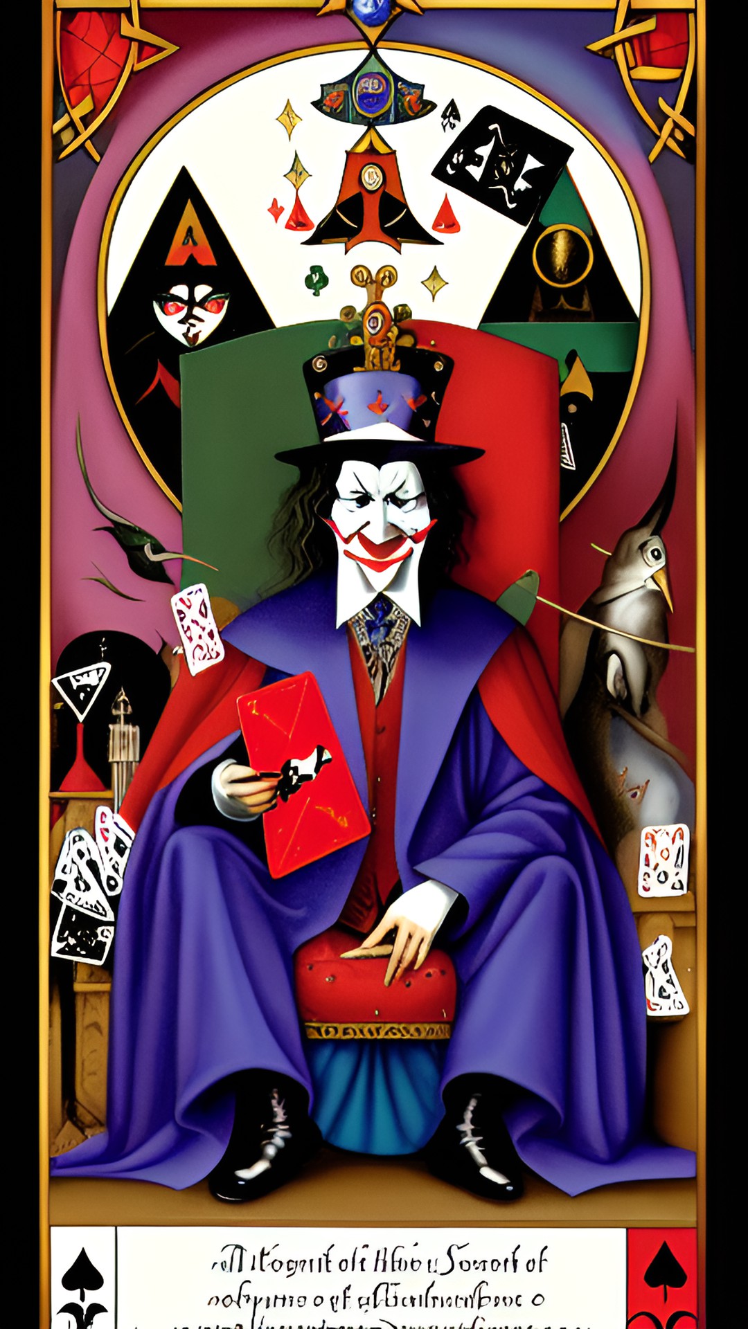 card joker smiling, sitting on a throne, a tarot cards in his hand, dark colors, madness preview