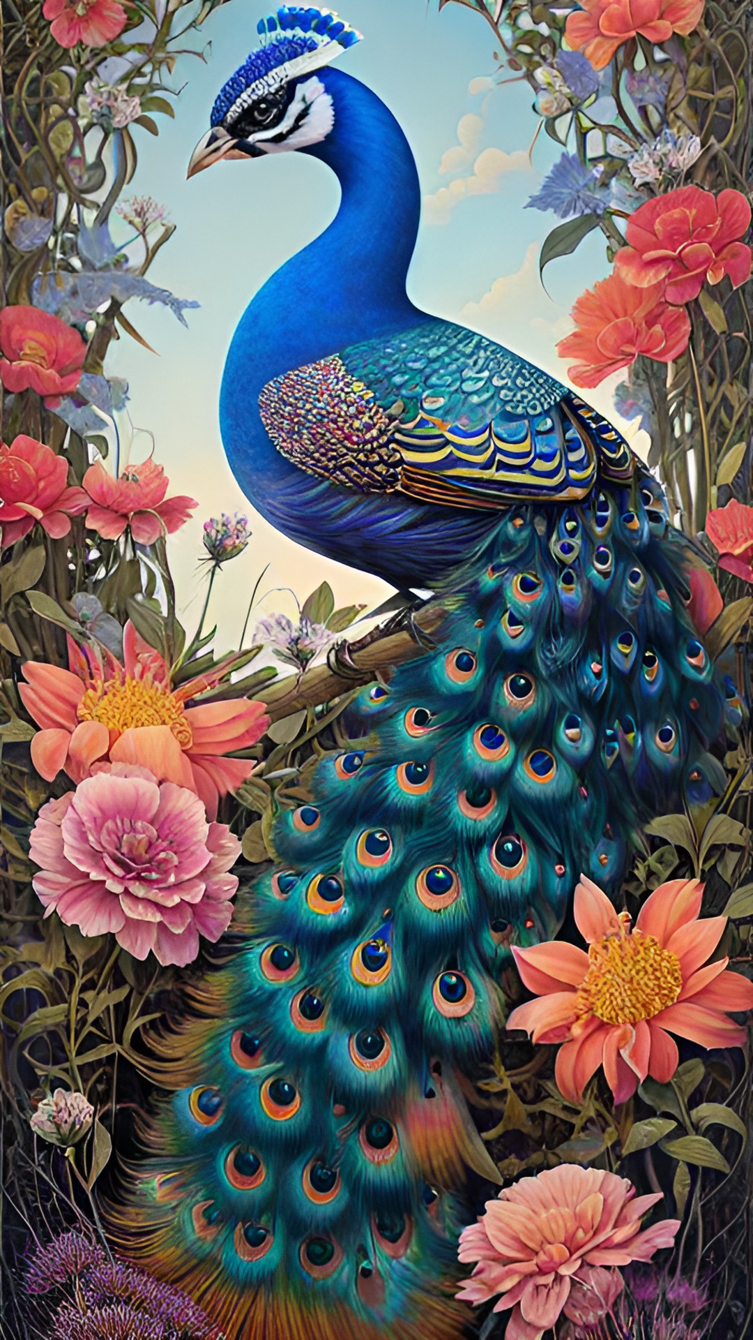 peacock with a long colorful tail amongst flowers. preview