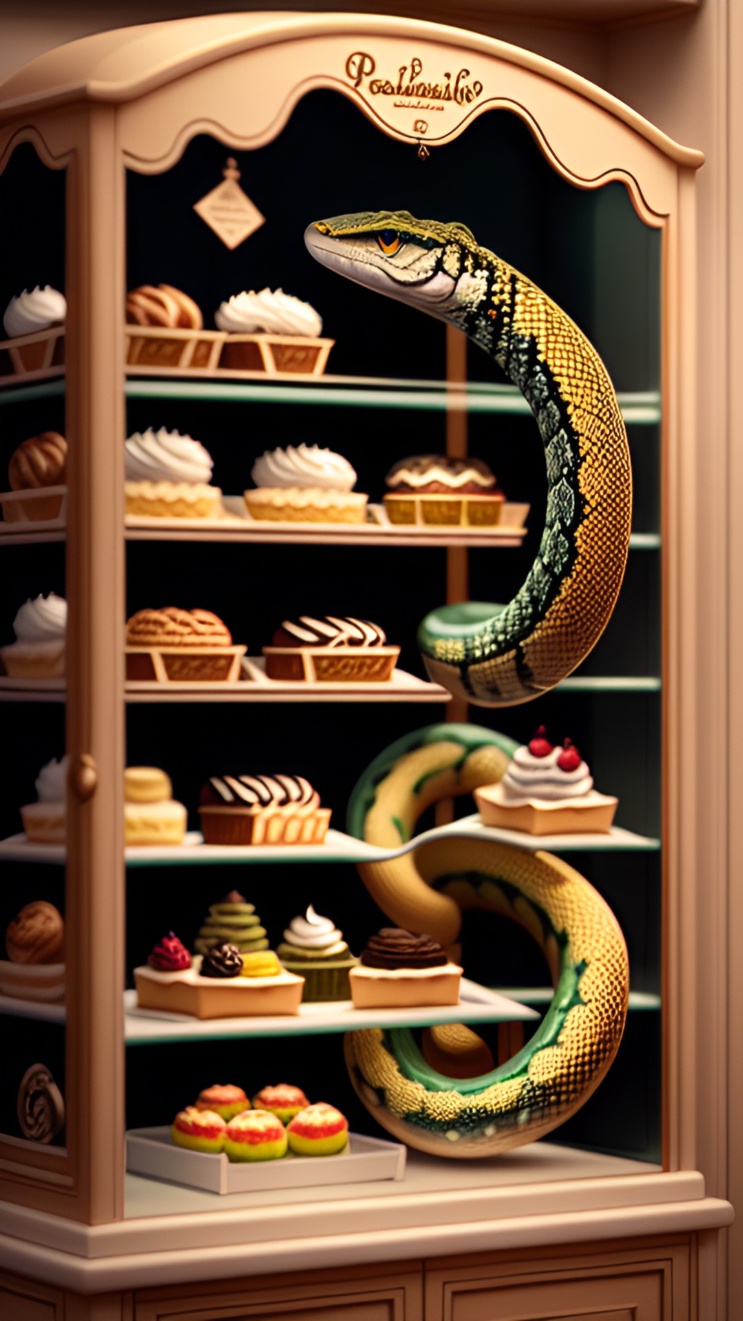 a snake standing in front of a pastry display case, browsing for a treat. preview