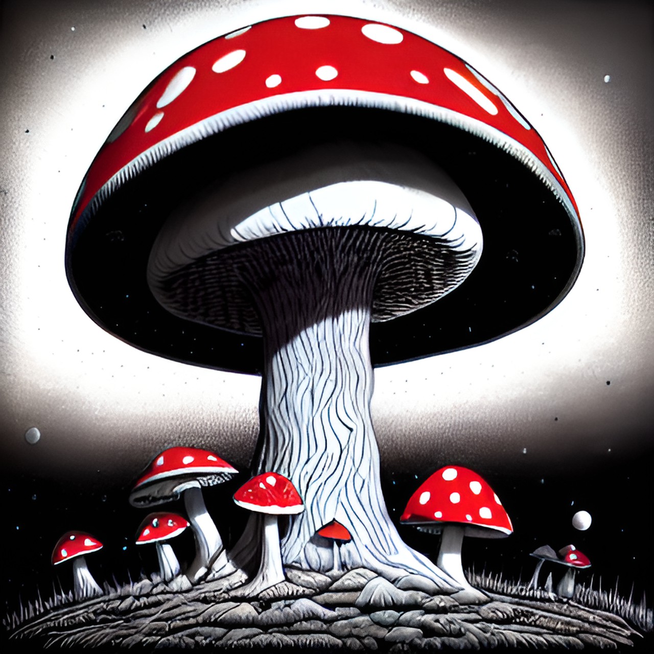 strange mysterious giant mushroom planet with tiny red man preview