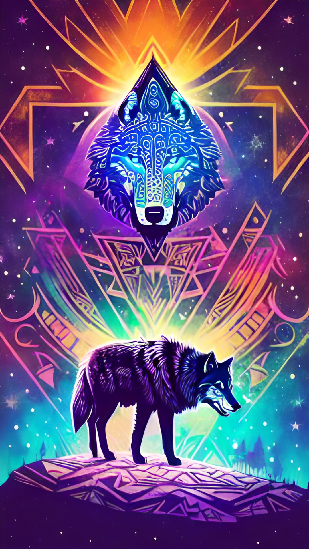 a wolf following a star | aztec mural style preview