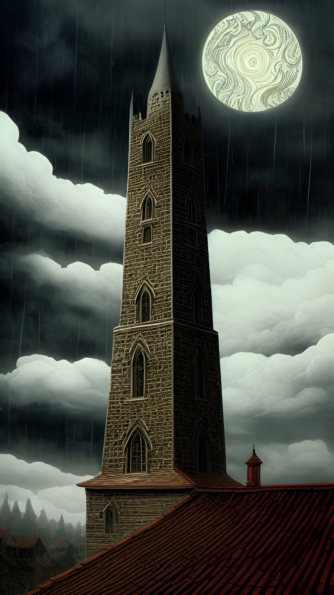 thin long stone tower with wooden roof in rainy mist preview