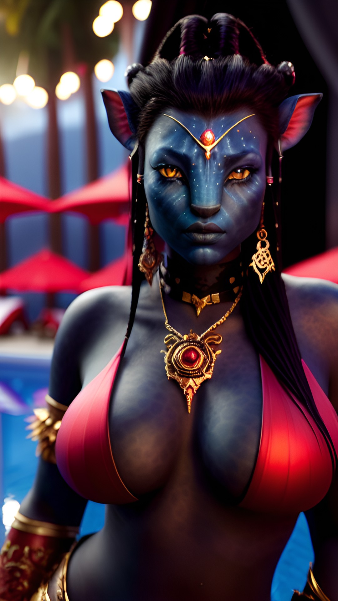 avatar,black-crimson details, enormous bosoms, highly defined eyes, ultra realistic, extreme details, hdr, relaxing by a pool, hyperrealistic details, clear and sharp focus on subject preview