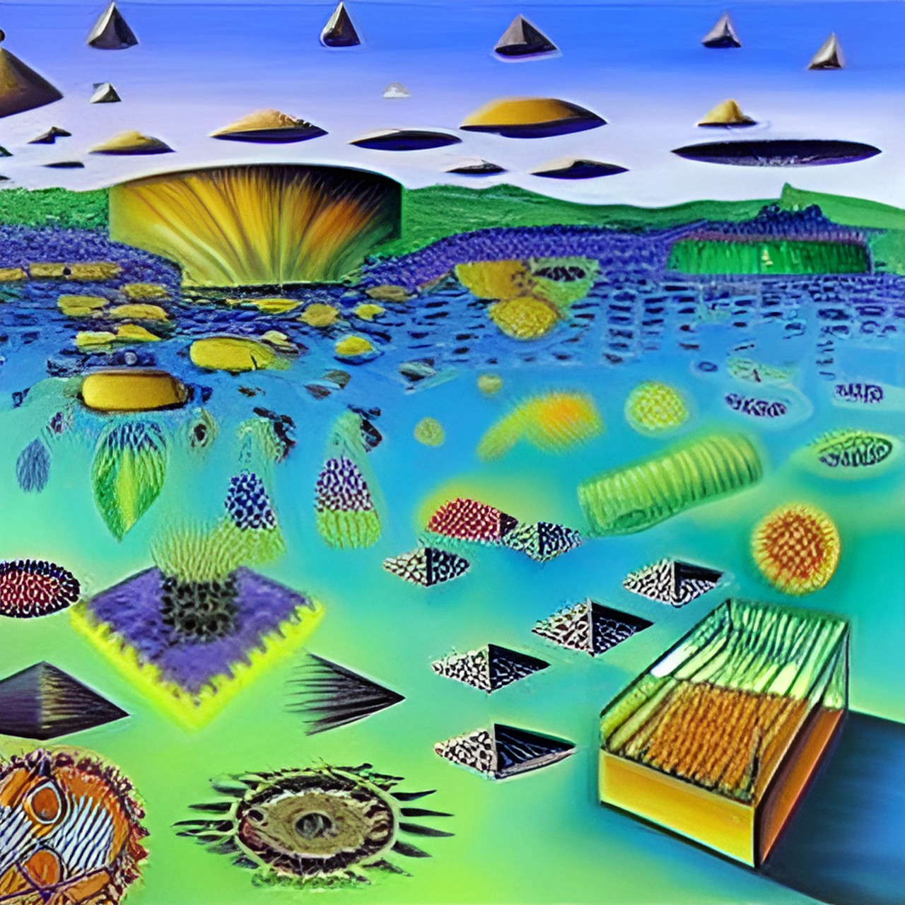 a cubism-surrealism hybrid artwork depicting a surreal scene of floating diatoms, their forms fragmented into cubes and other geometric shapes. preview