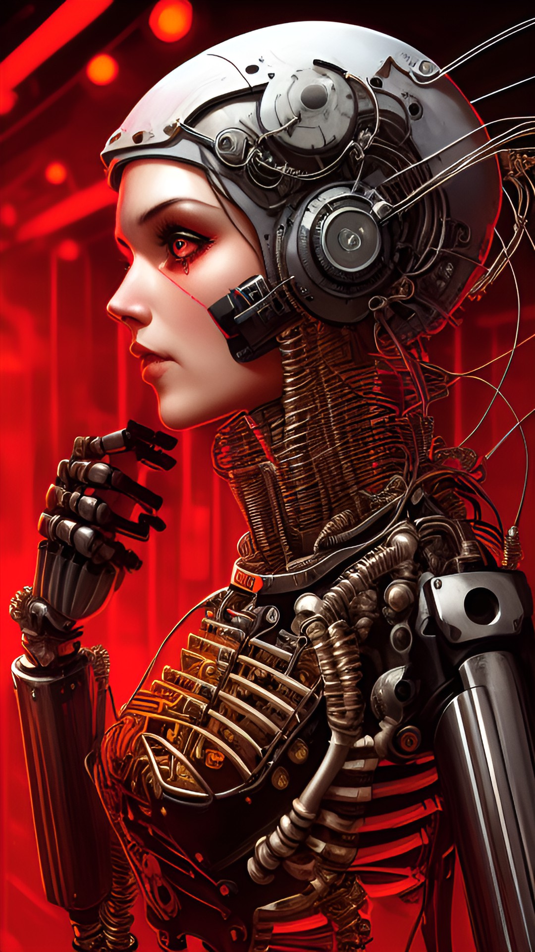 chicatica - 👙🍑💦🥛hermosa chica ciberpunk con prótesis de metal articuladas con muchos cables de colores esqueleto ❤️ luces rojas 60s retropunk preview