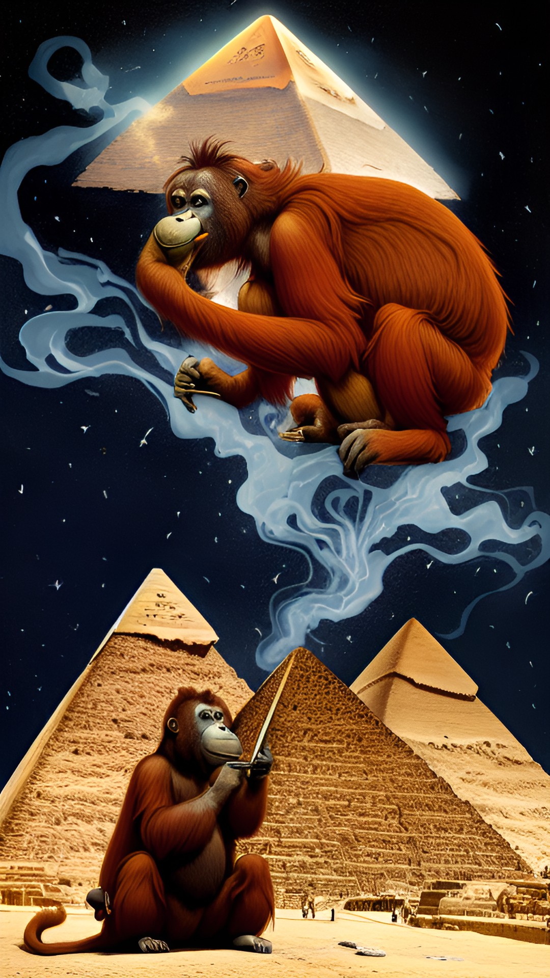 an orangutan smoking a marijuana joint on the great pyramid of khufu in egypt preview