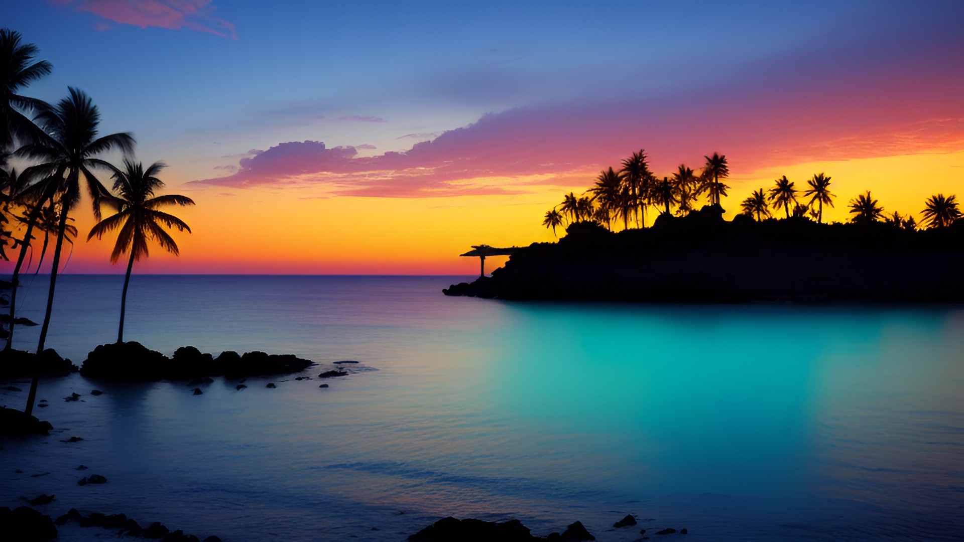 sunset on a lost tropical magic . bioluminescent island preview