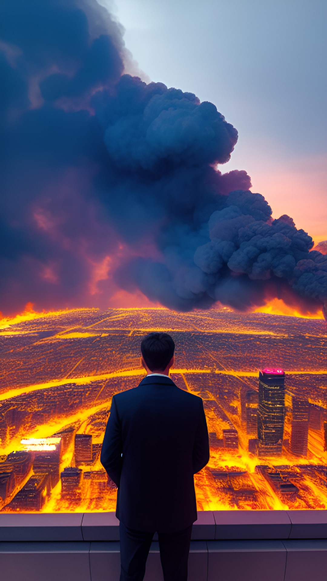 man watching over a city burning preview