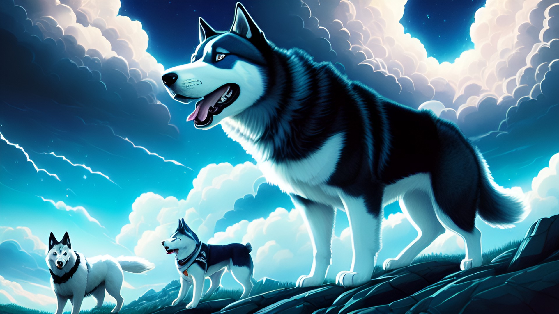 giant muscular blue eyed husky dog, next to meek brown eyed husky dog with lightnight and storm clouds around him, on an adventure preview