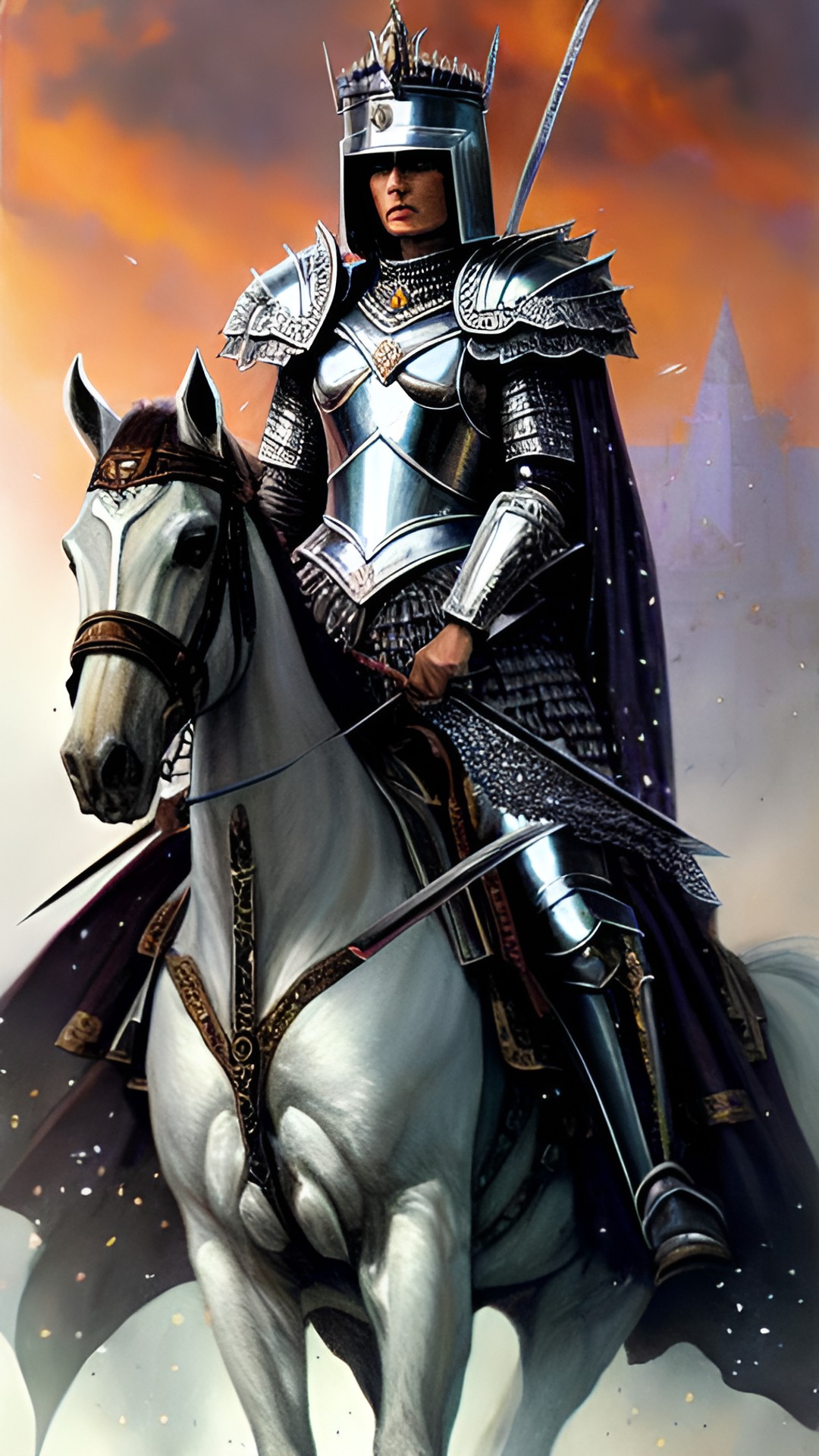 queen of wars, a fierce and commanding figure with a crown of swords. her armor glitters in the sun as she leads her troops into battle. preview