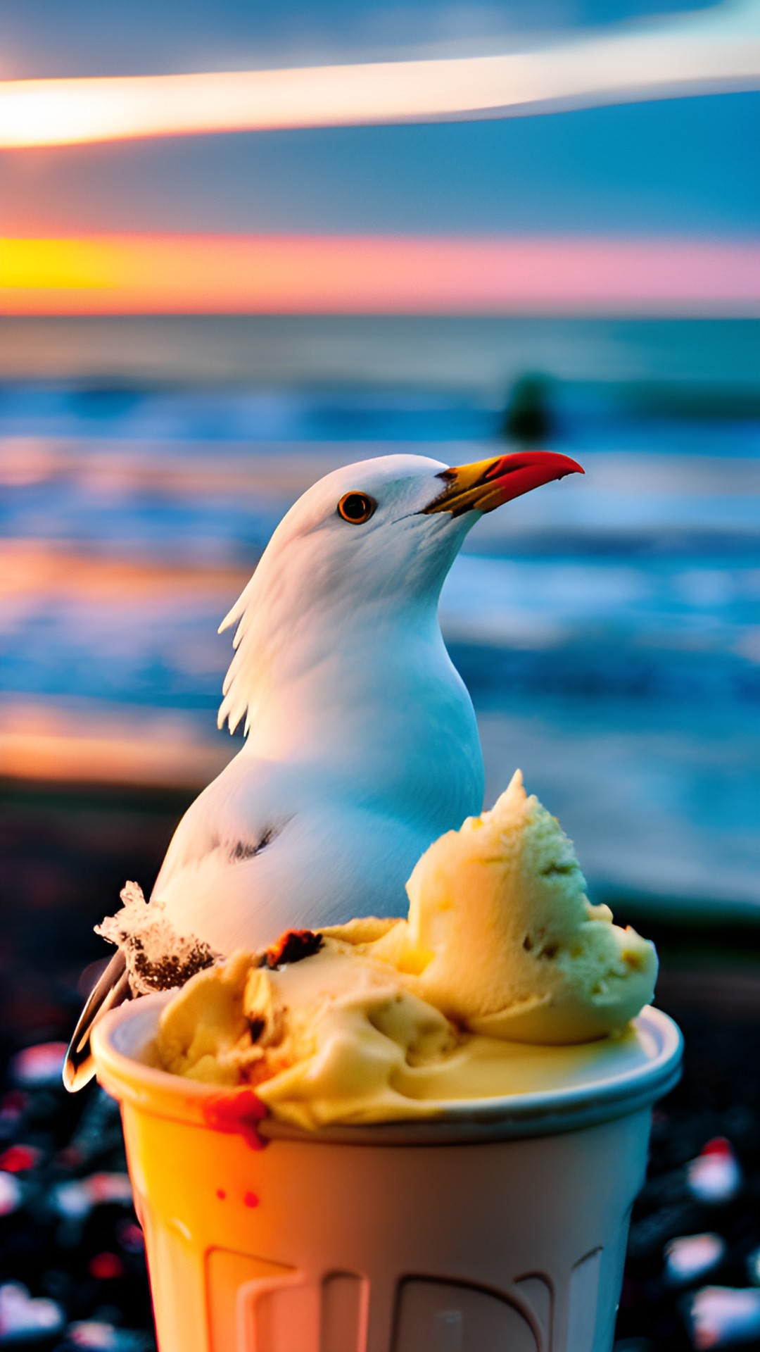 seagull next to melting ice cream cone - a mischievous seagull perched on top of a melting ice cream cone, its wings outstretched as it gobbles up the last sweet bits. in the background, the sunset is spectacular preview