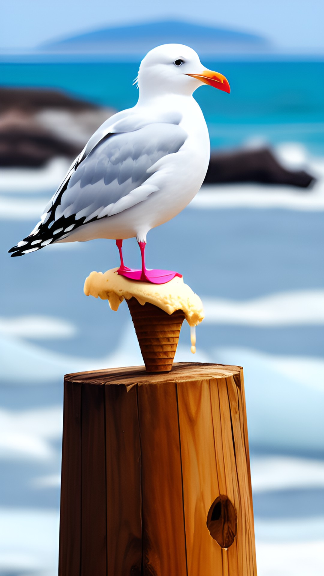 seagull eating melting ice cream cone - a mischievous seagull perched on a wooden post with a half-melted ice cream cone clutched in its beak, surrounded by a beach  with a spectacular view preview