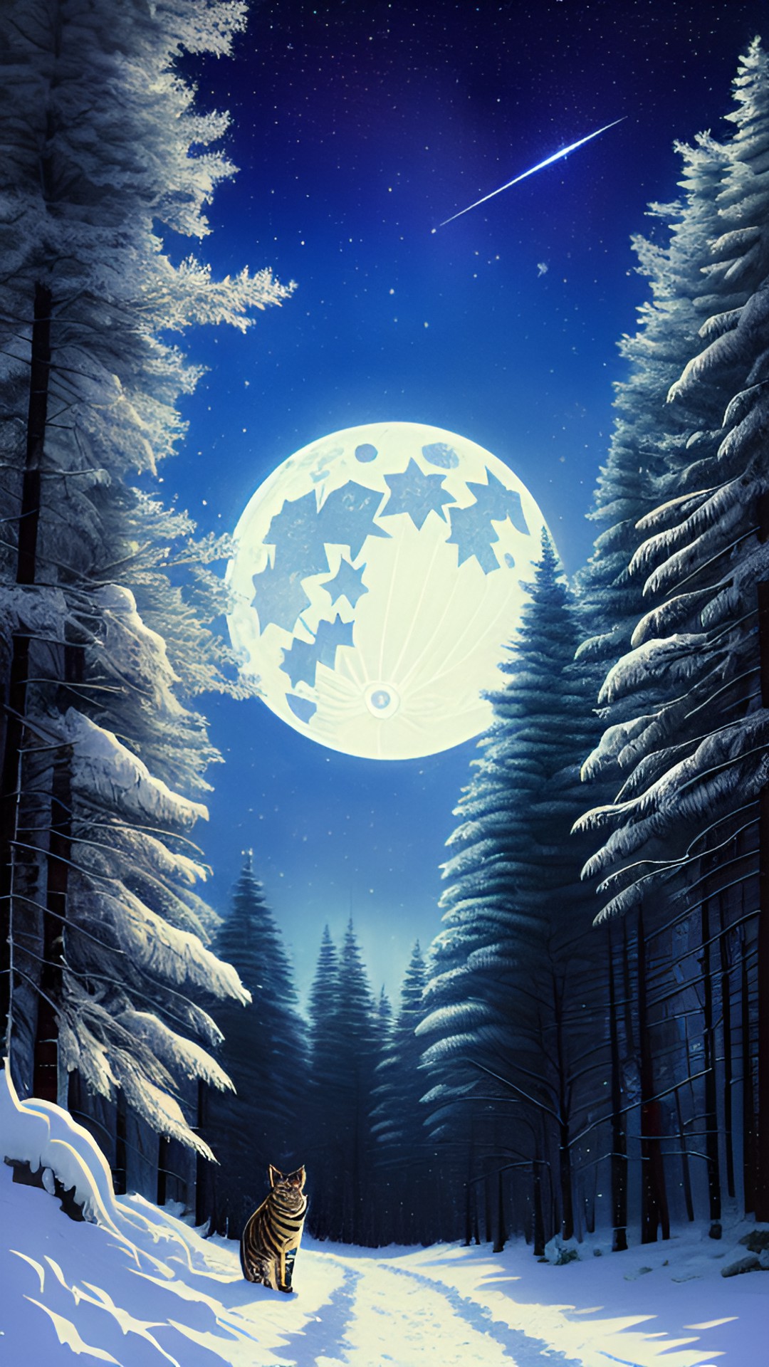 were-kitten by night - a were-kitten in a snowy forest, feathers scattered around
pine trees
moonlight with stars in a clear sky
a hidden gem preview