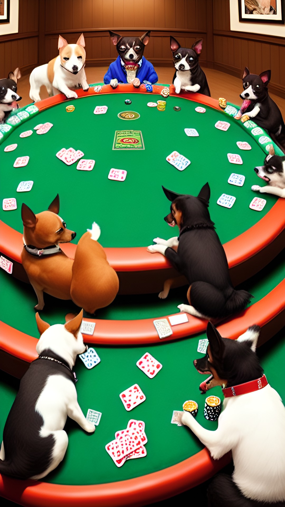 chihuaha dogs playing poker around a poker table. they are focused. preview