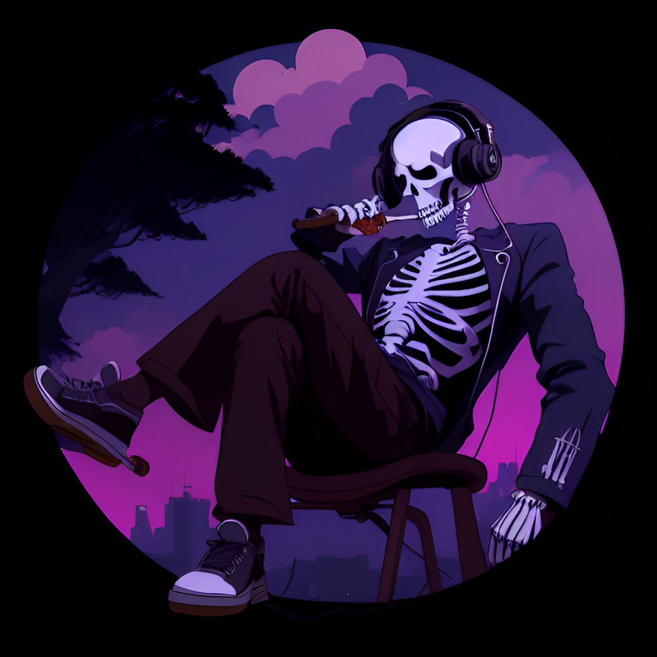 Dead Night - a skeleton smoking a cigar while wearing headphones preview