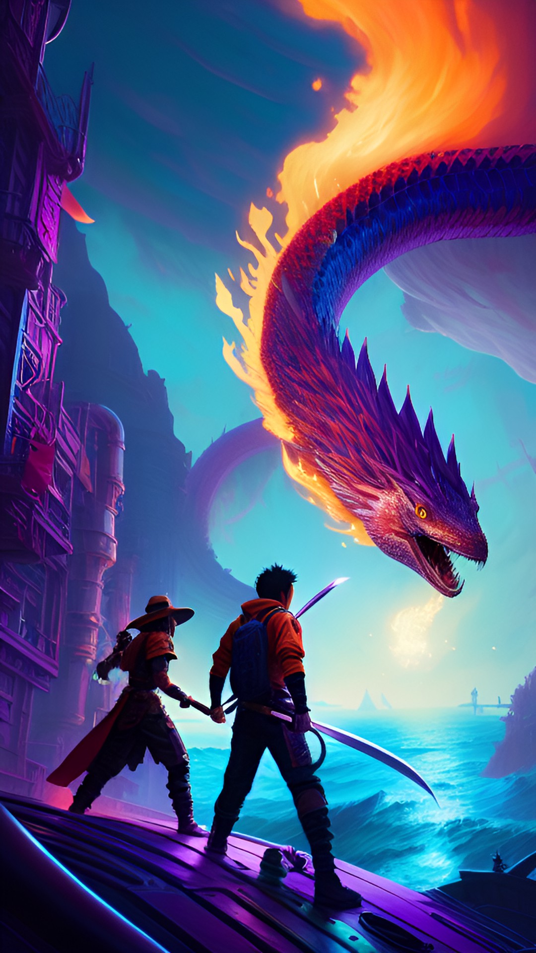 Dragonslayer - guy with flame sword fights guy with katana on the back of a purple quetzalcoatl sea serpent in the middle of the ocean preview