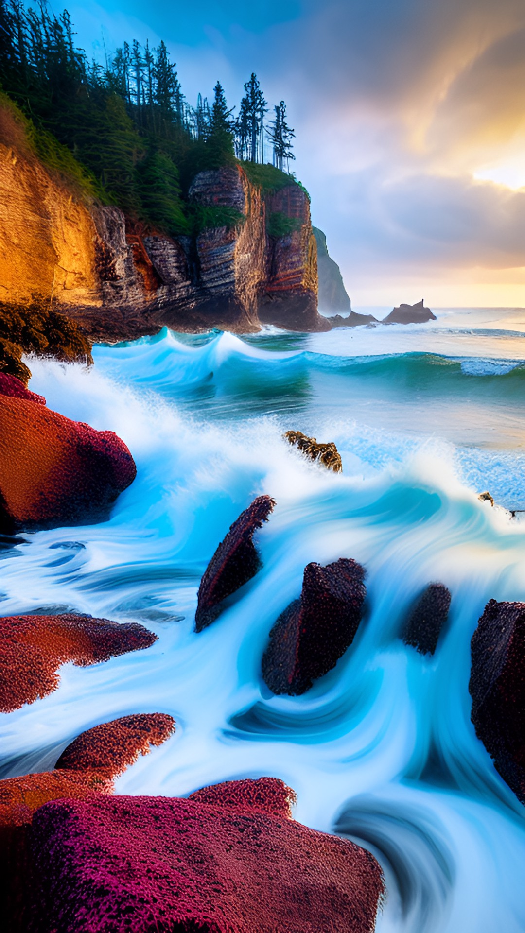 foamy waves crashing into a rocky beach preview