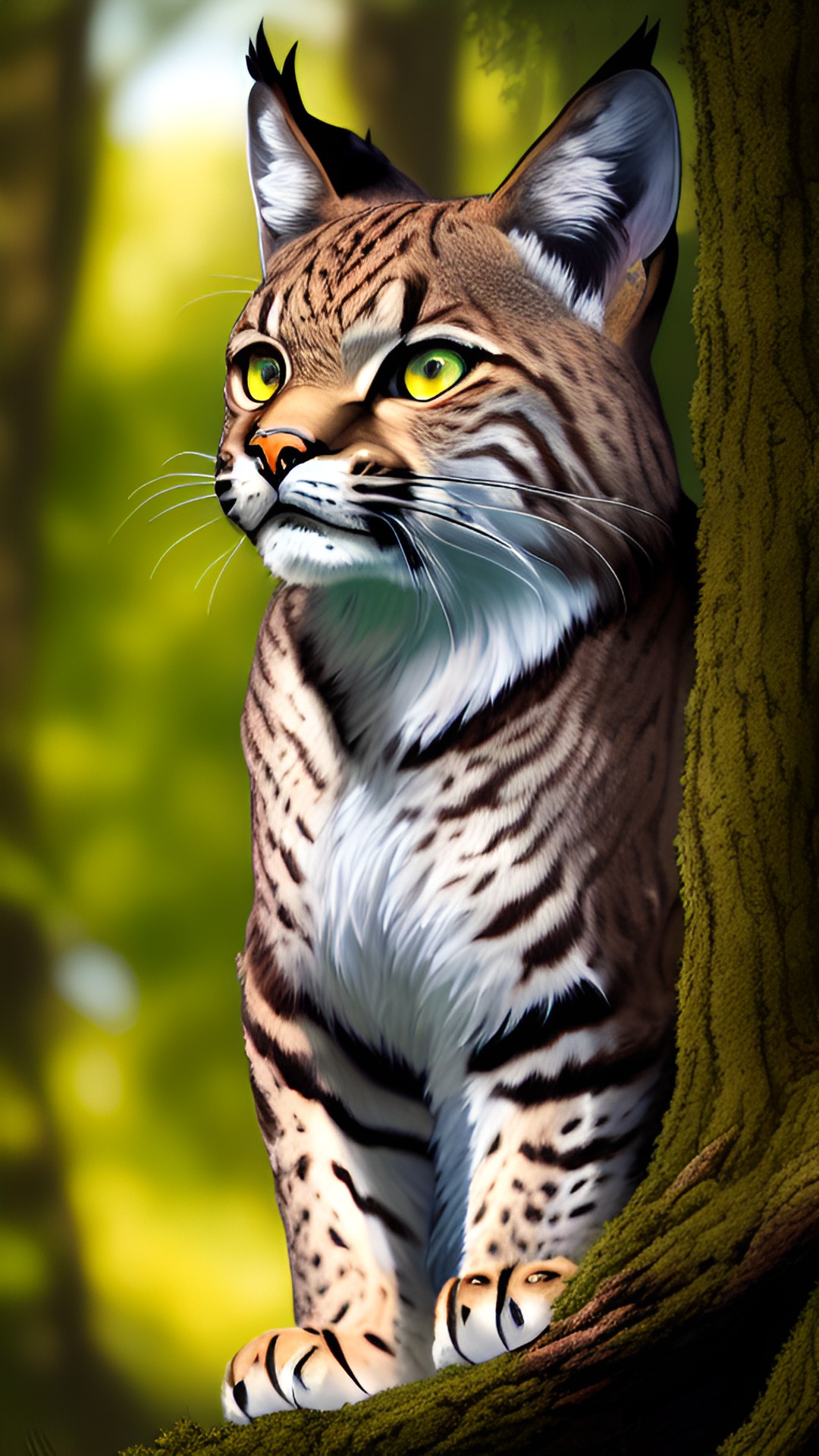 a fierce bobcat with piercing yellow eyes, camouflaged in the dappled light of the forest, ready to pounce on its prey." preview