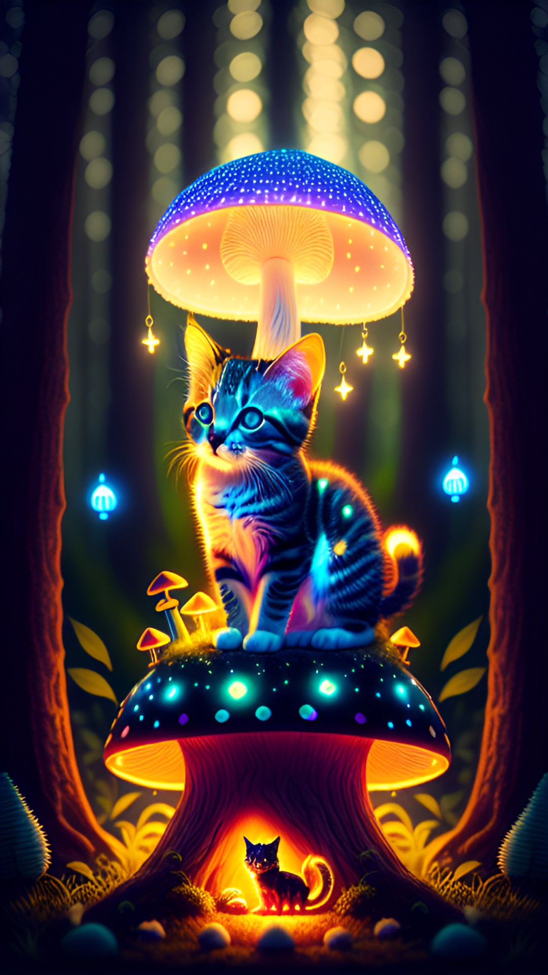 kitten - sitting on a magical looking mushroom - a playful kitten sitting on a glowing mushroom in a mystical forest, surrounded by fireflies and fairy lights." preview