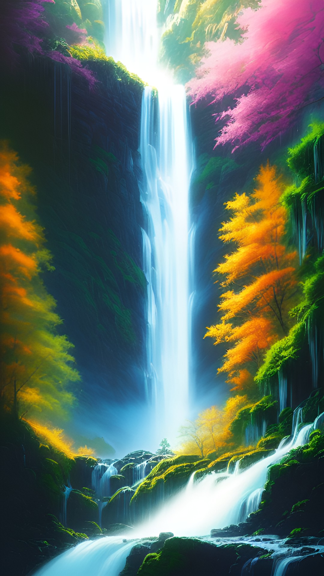 ghost by a waterfall - a translucent white ghost gliding gracefully above the cascading water of a majestic waterfall, its ethereal form reflecting the rainbow colors of the mist in the sunlight preview