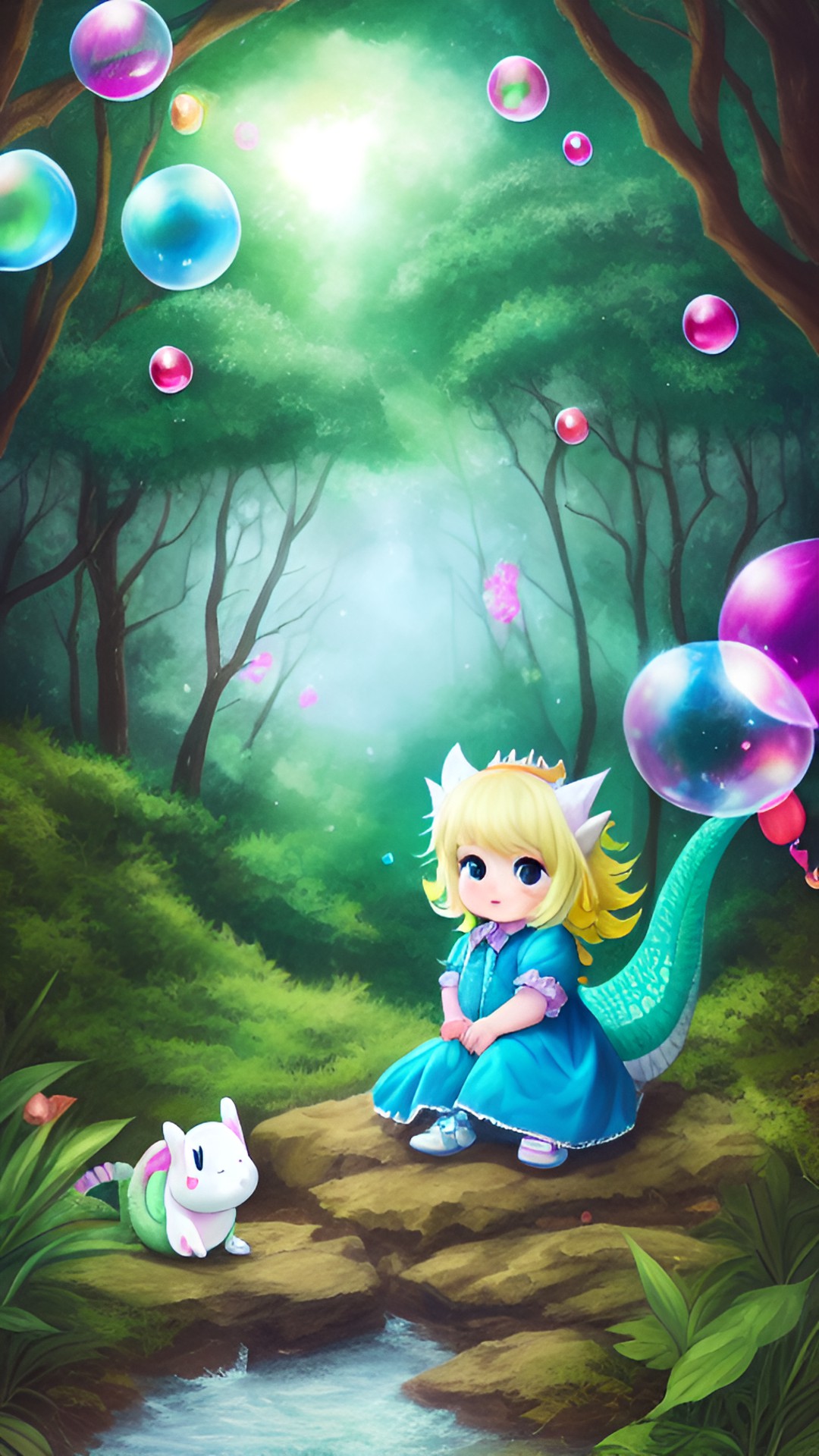 baby dragon kawaii en el bosque con burbujas preview