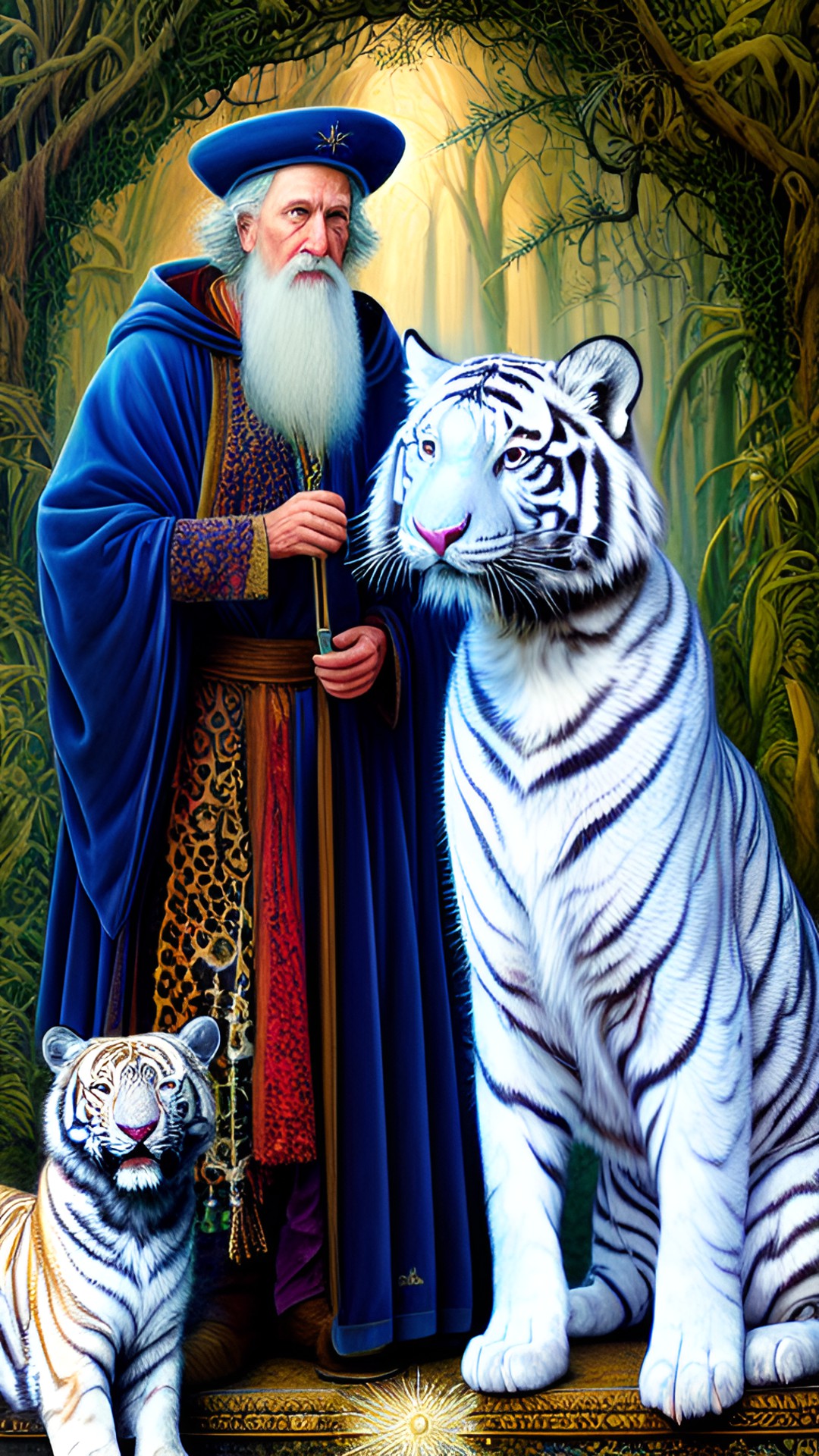 merlin wizard standing with white tiger - merlin, the majestic wizard with a long white beard and a pointy hat, conjuring a spell while standing beside a white tiger with piercing blue eyes preview