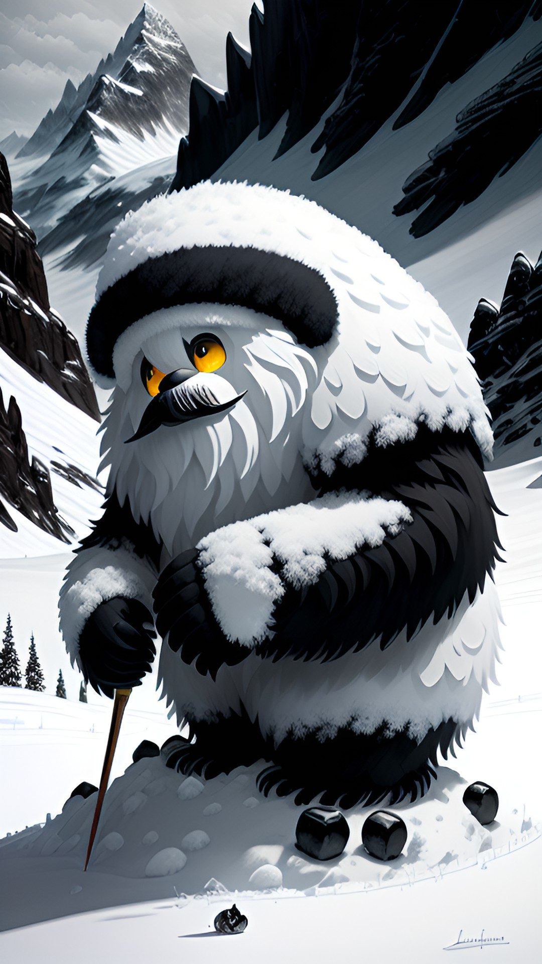 abominable snowman creature building a snowman in the mountains preview