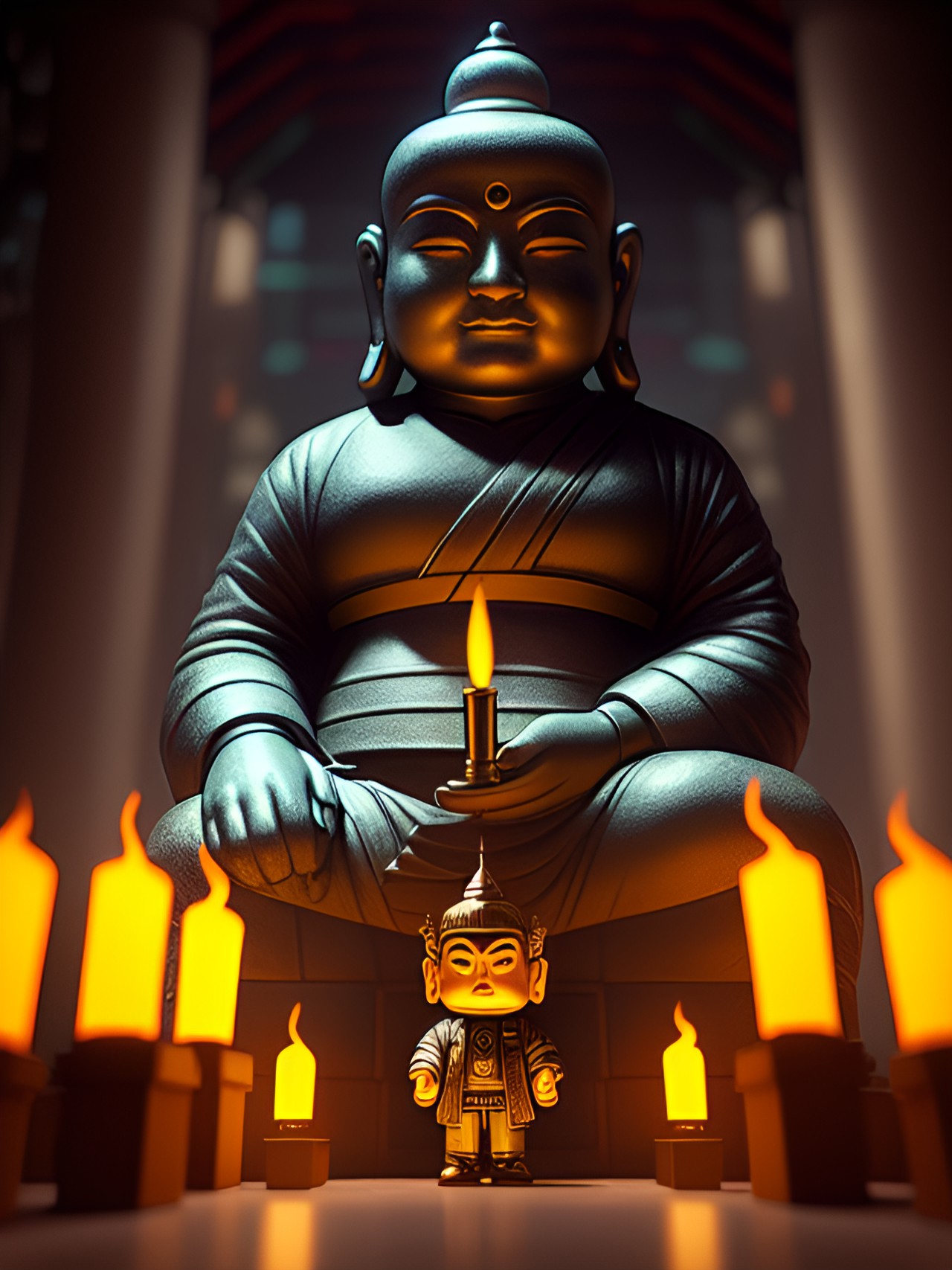 Budda - cyberpunk budda in old temple with torches preview