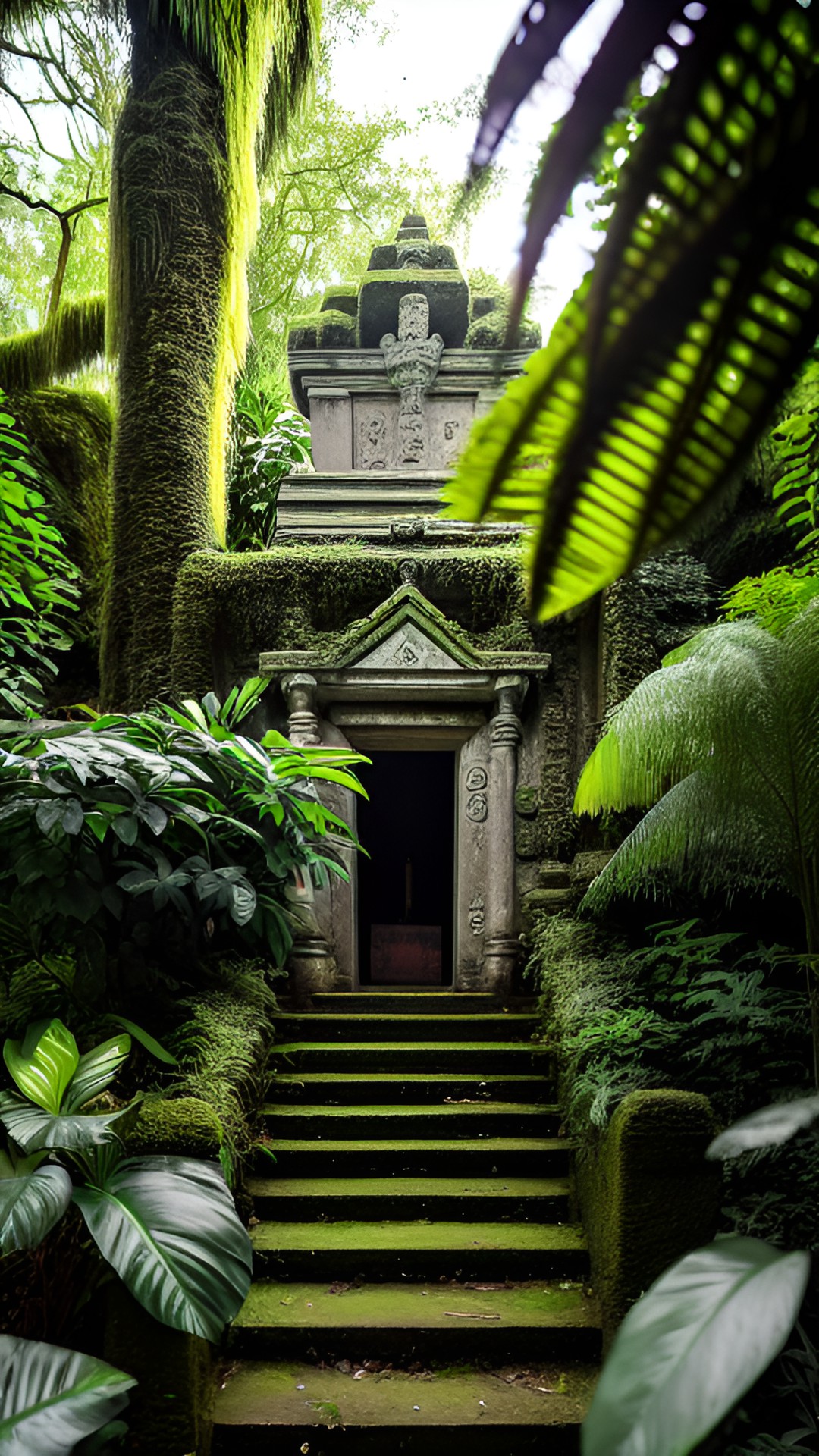 an overgrown ancient jungle temple, with moss-covered ruins peeking out from behind towering vines and exotic plants. sunlight streams in, casting a warm glow over the worn stone steps and ornate carv preview