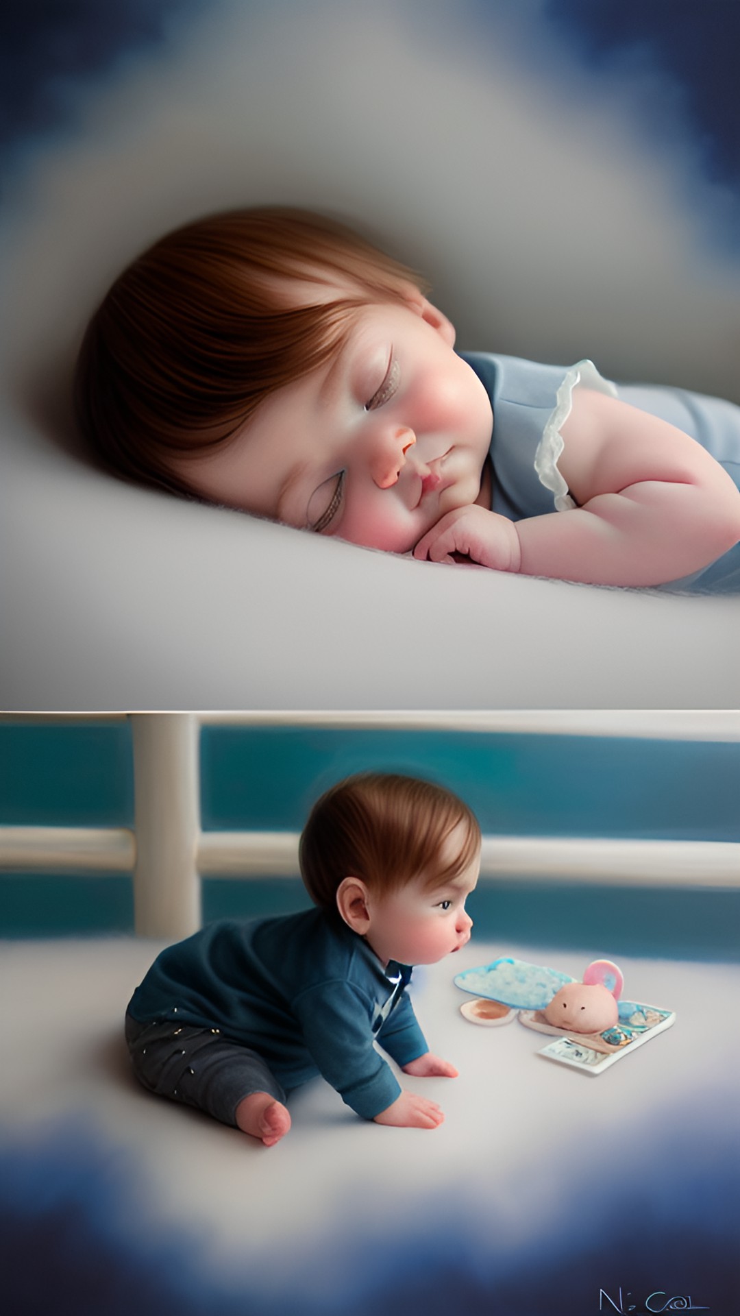 a  six month old baby with light brown hair smiling, he has sky blue eyes, with kawaii realistic portrait, melancholy pastel art, by nicoletta ceccoli, soey milk, cute detailed digital art, exquisite digital illustration, inspired by nicol preview