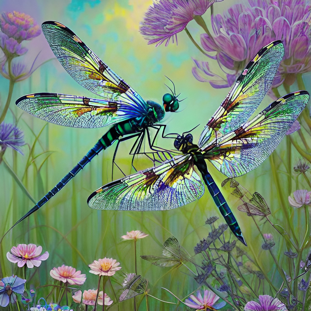 a lot of dragonflies - amidst a sea of green, many dragonflies flit about in the sunshine. their iridescent wings catch the light and their buzzing fills the air. preview