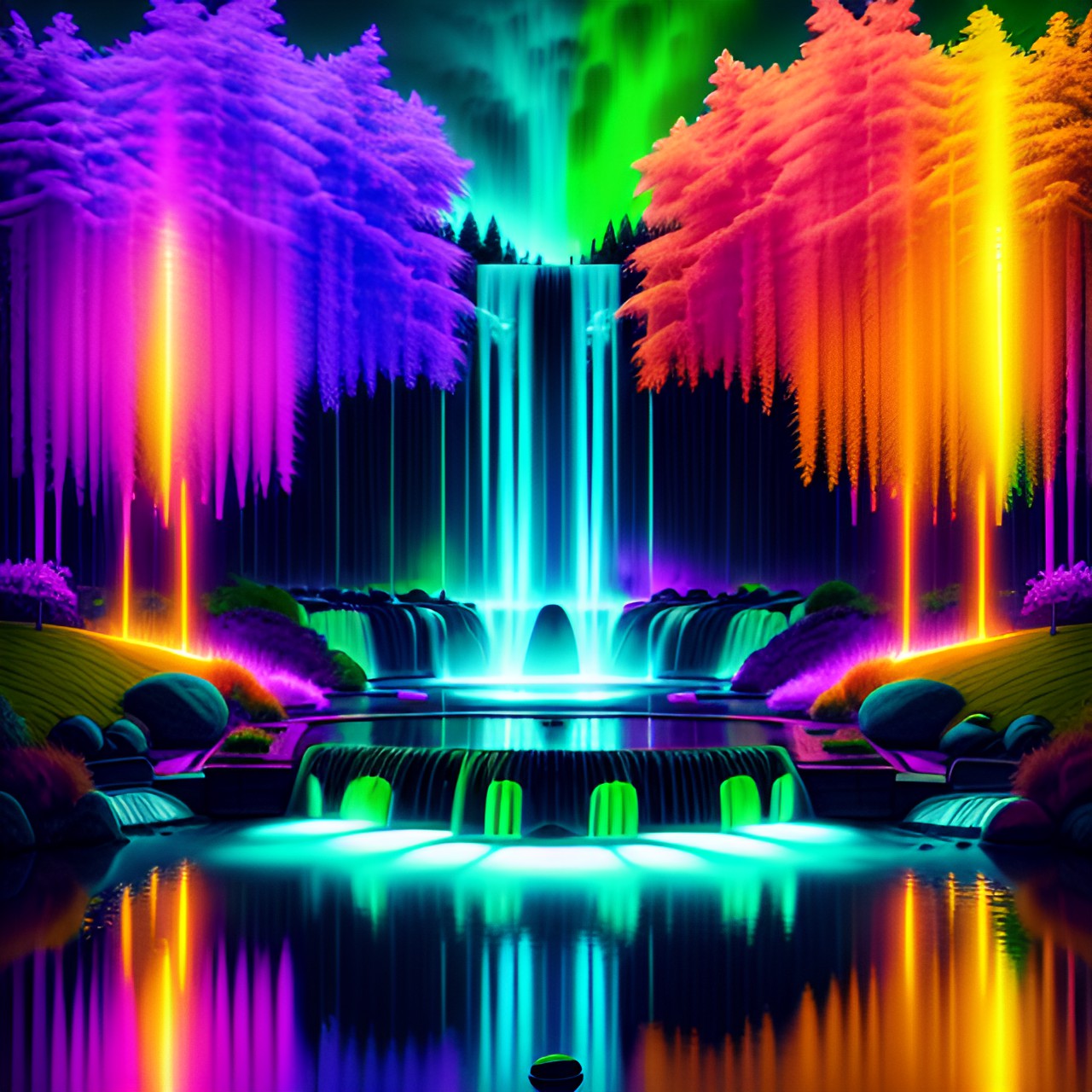 water falls - neon colour fountains and waterfalls in colourful park, preview