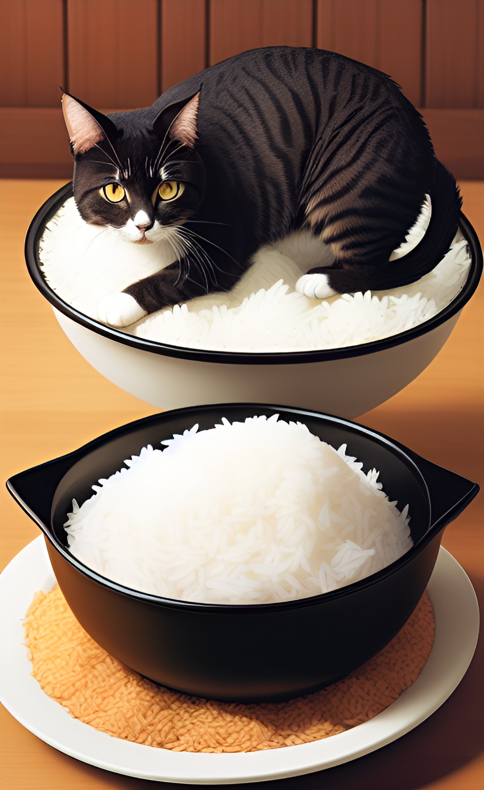 cat in a bowl if rice - a cat squating in a large bowl of rice preview