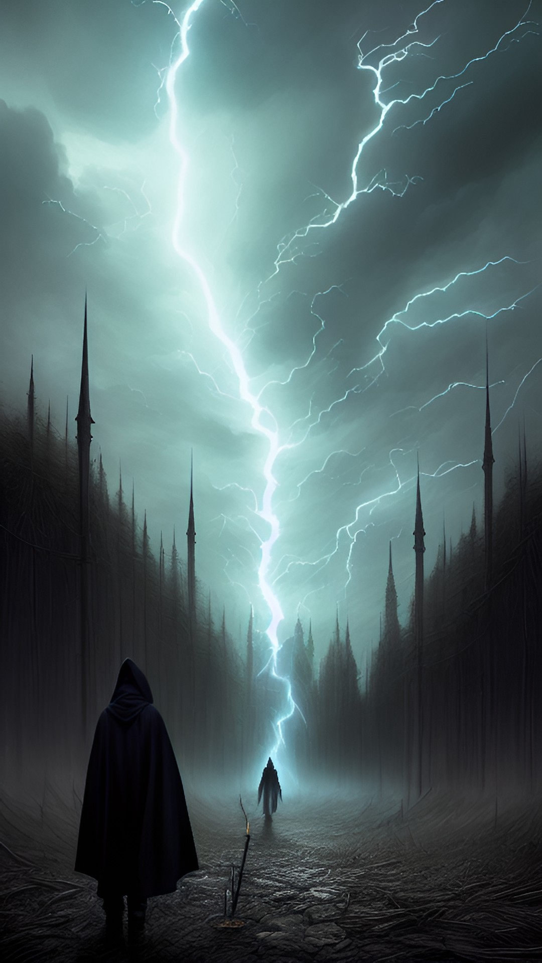 dark hooded figure with a tall staff in the distance being struck by lightning preview