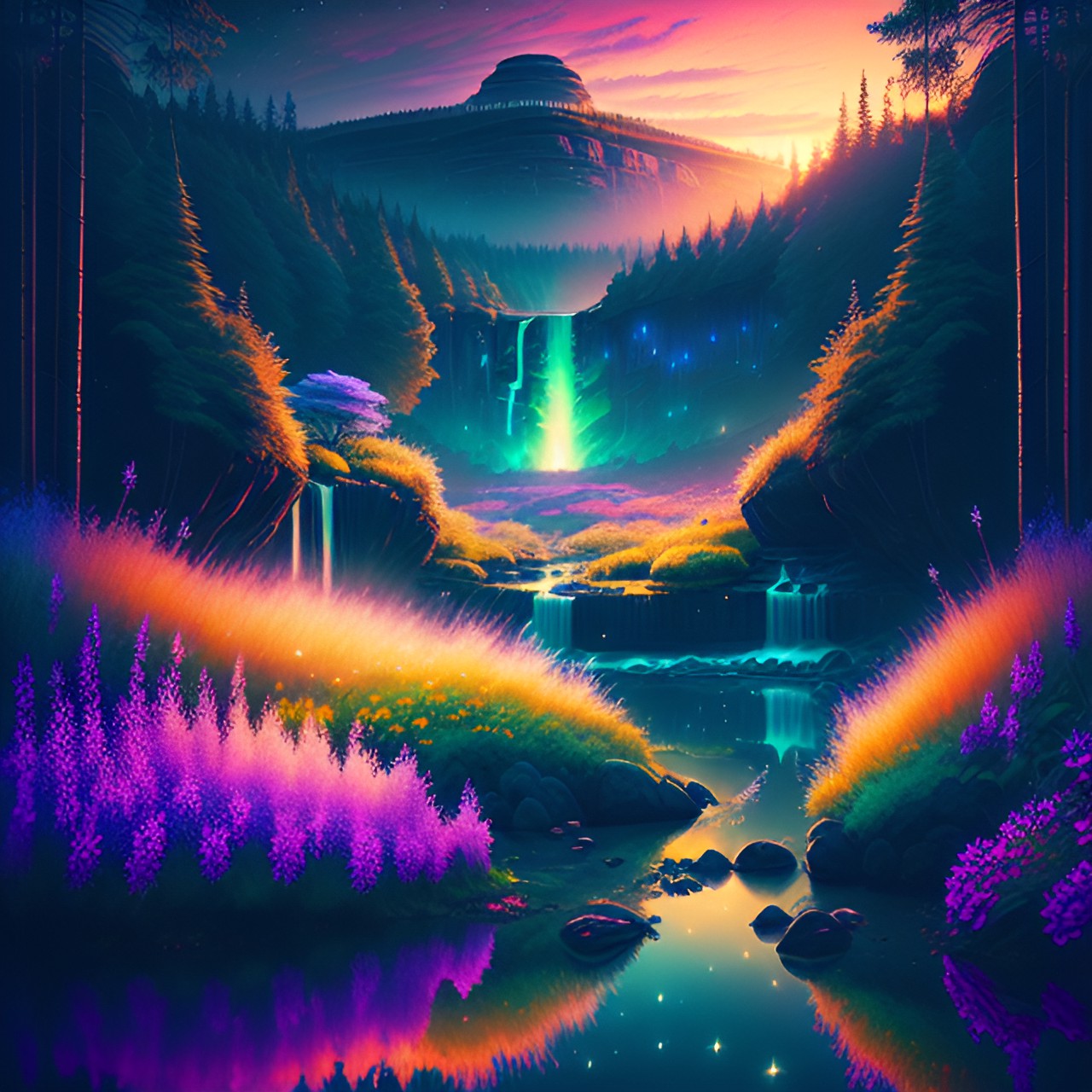 other worldly landscape, vivid colors low saturation, detailed plants, vast waterfall, flowers. twilight. fireflies. preview