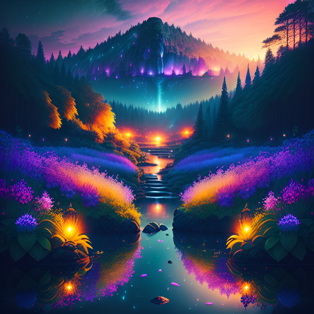 other worldly landscape, vivid colors low saturation, detailed plants, vast waterfall, flowers. twilight. fireflies. preview