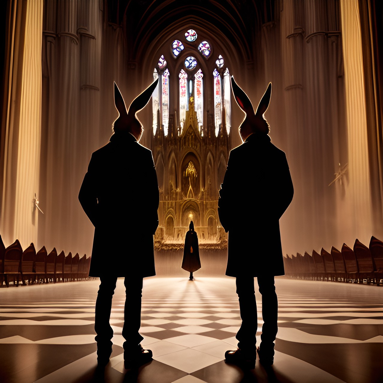 Holy - two rabbit humanoids, standing in a cathedral preview