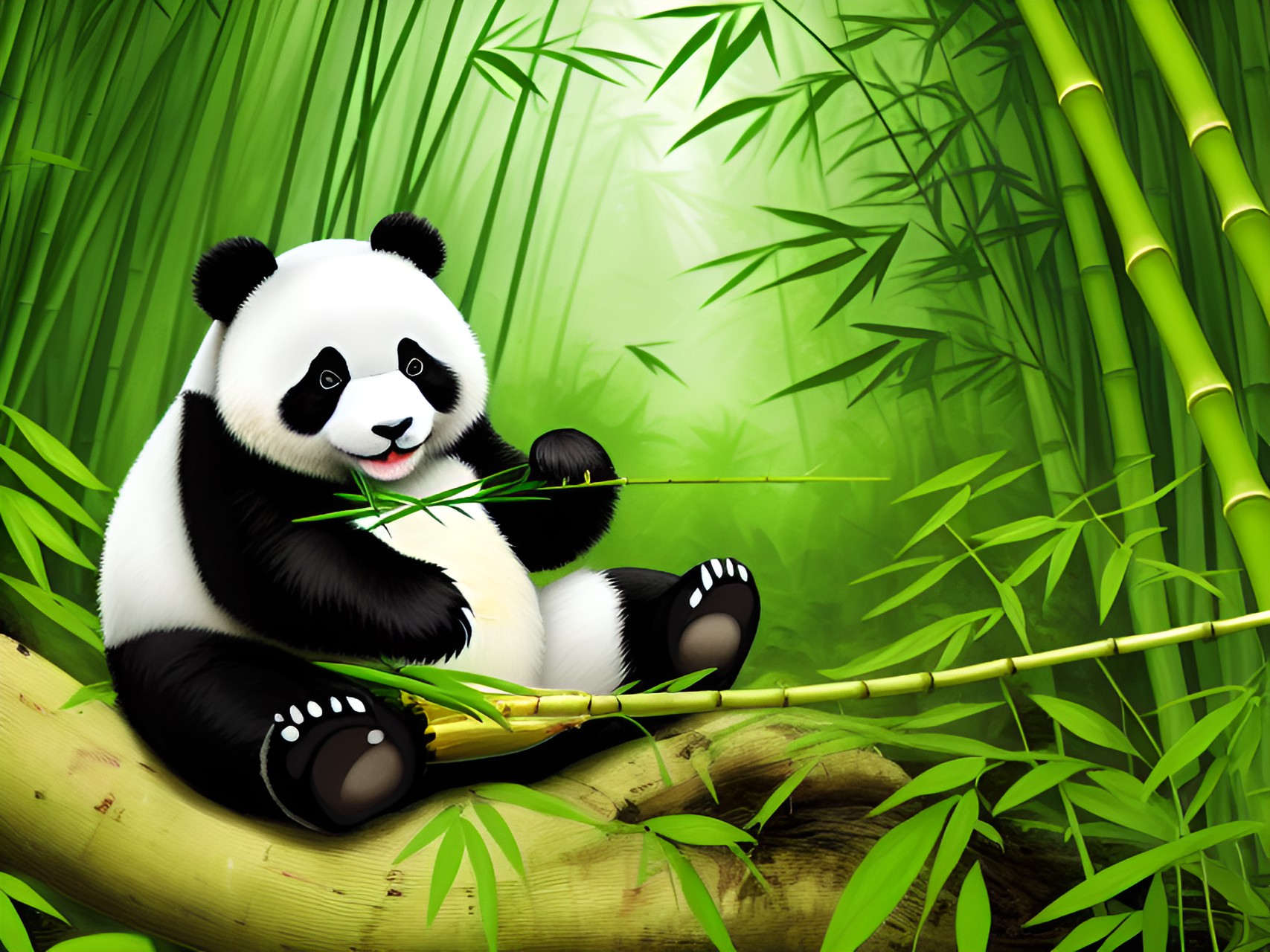 cute panda eating bamboo shoots in the forest, high water resolution, detailed, happy vibe - high-res, detailed image of a cute panda happily munching on bamboo in a lush forest setting. preview