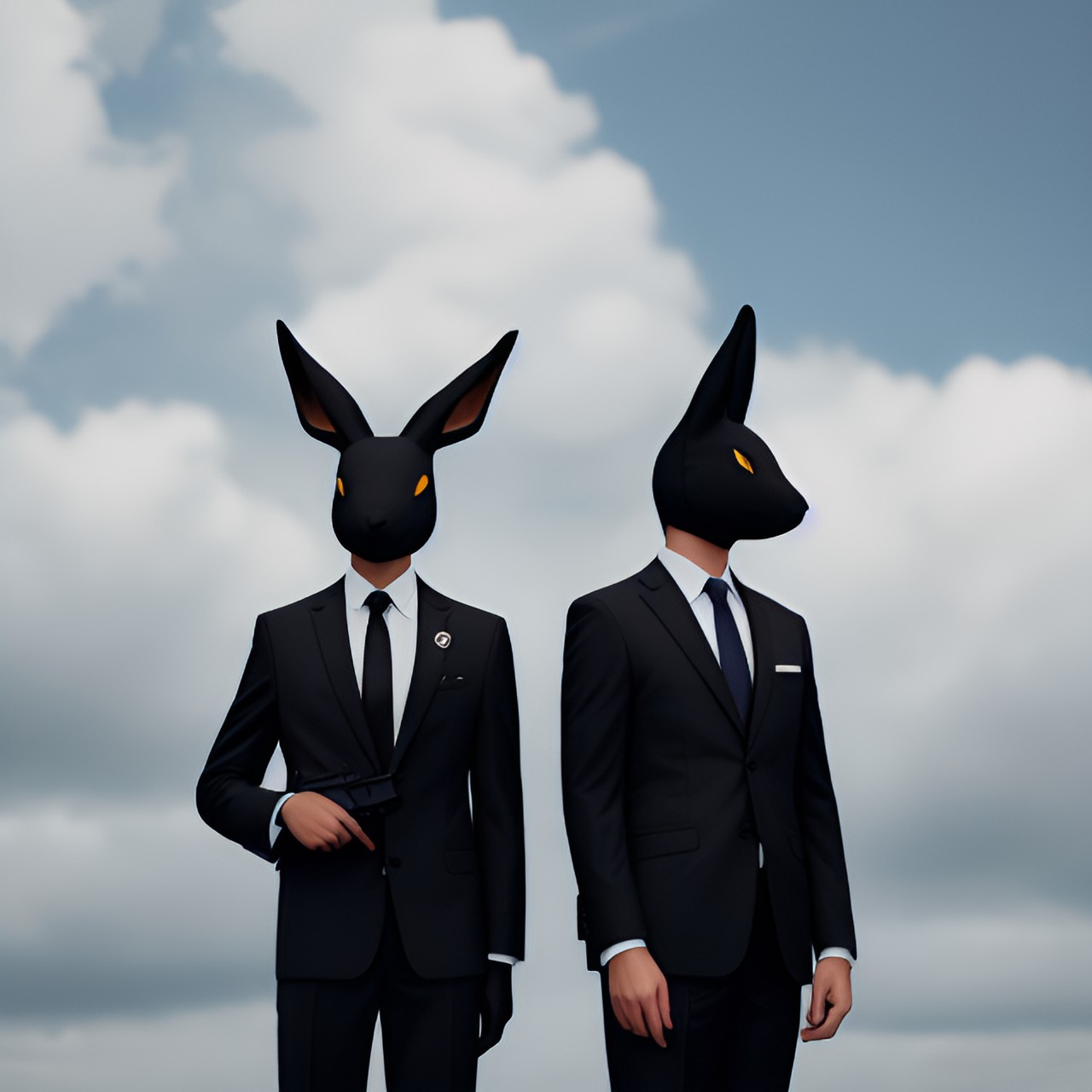 Men in black - two black rabbita wearing suits, holding handgun, cloudy skies preview