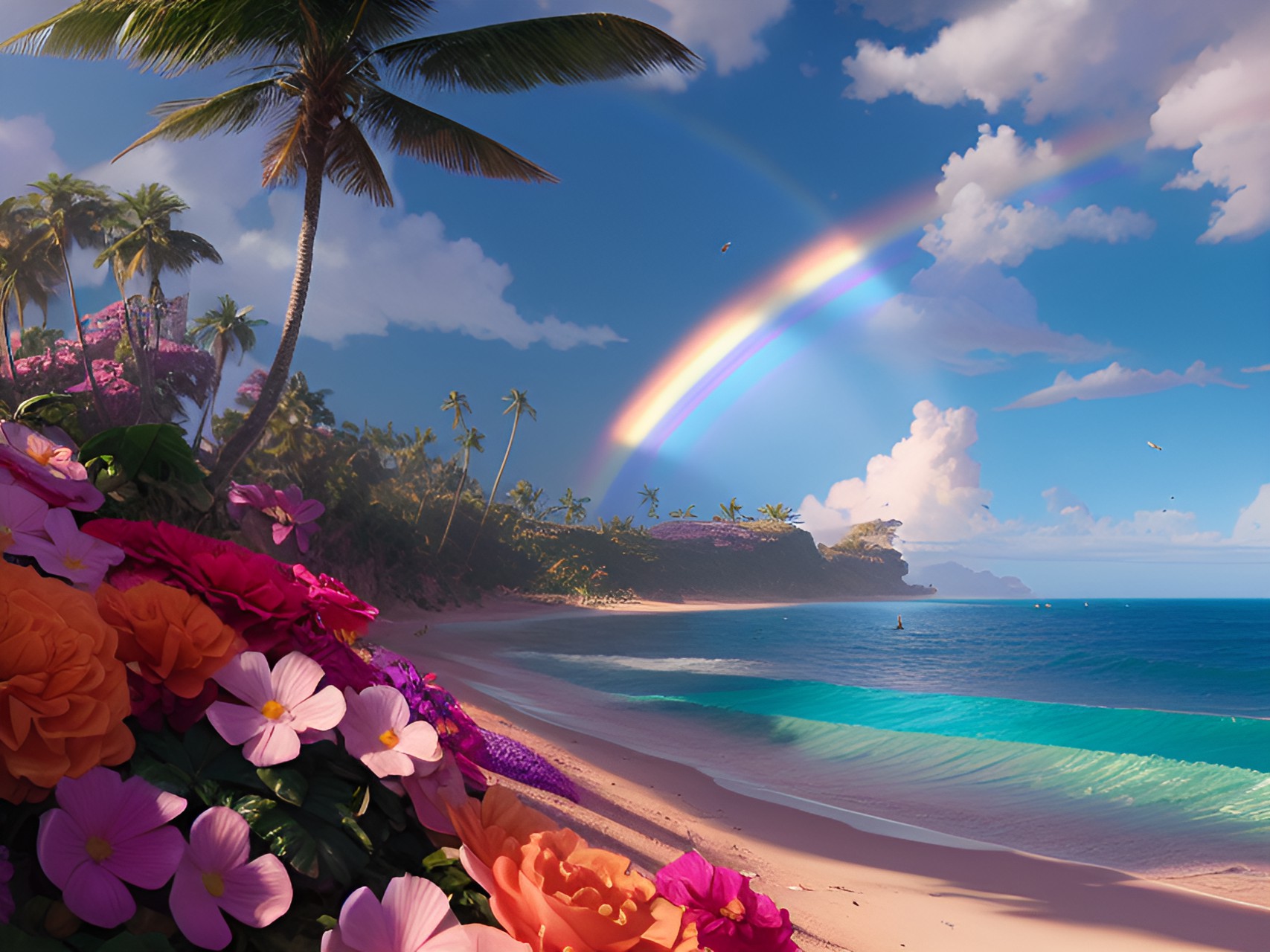 rainbow at palm beach with pink flowers preview